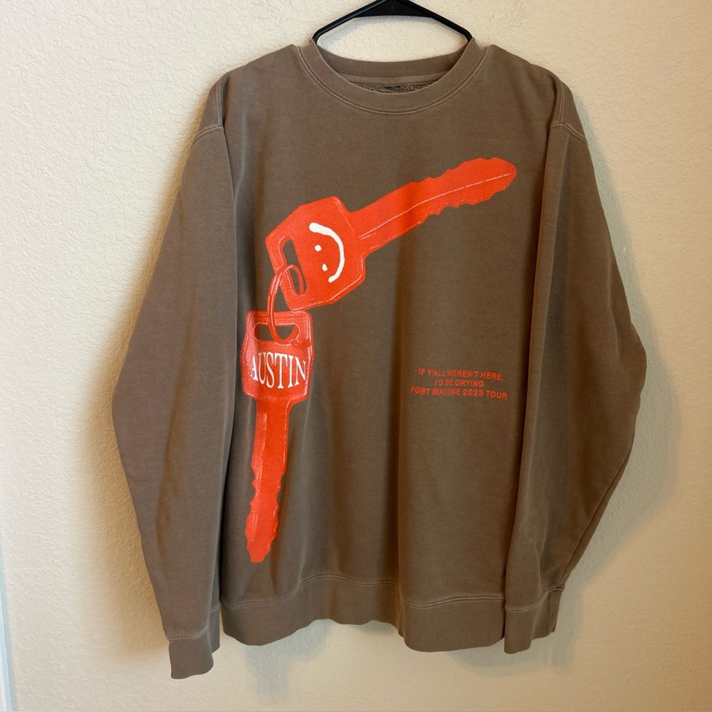 Post Malone Sweatshirt Mens M Brown 2023 Tour Austin Keys Graphic Crewneck